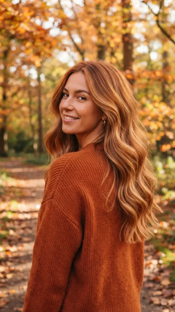 Ginger bronde balayage combines golden blonde and warm ginger tones.
