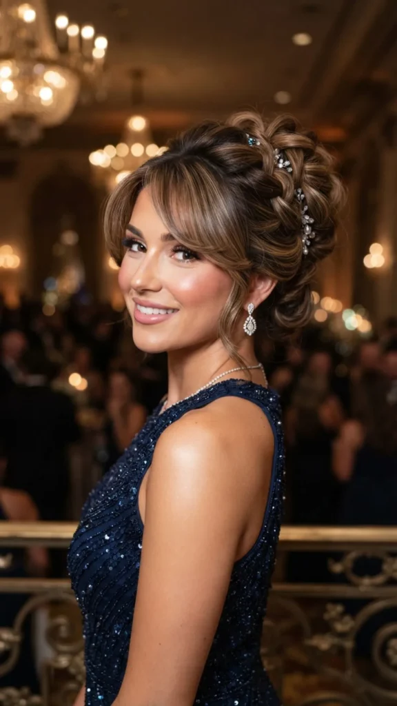 Glamorous formal updo with soft face-framing side bangs.