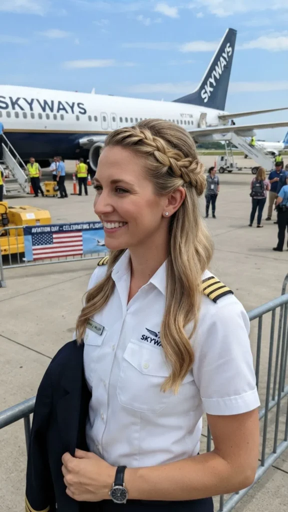 Half French braid hairstyle for a comfortable and chic airplane look
