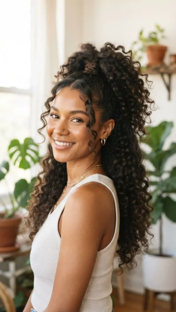Half-up half-down curly ponytail with soft, voluminous curls for a stylish finish.
