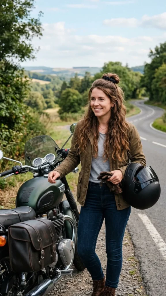 Half-up, half-down hairstyle combining comfort, movement, and effortless biker style.