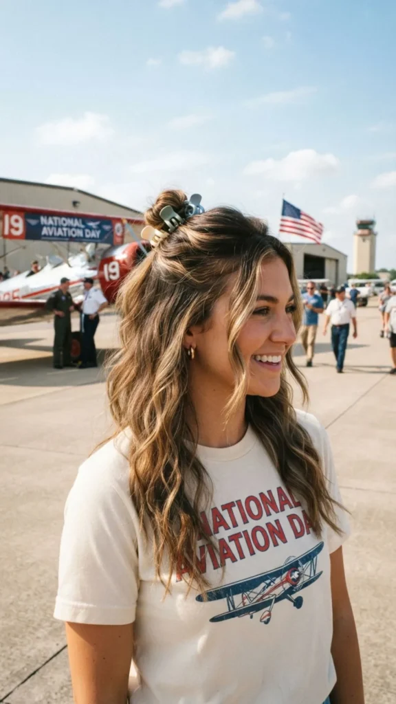 Half-up mini claw clip hairstyle for an effortless and stylish travel look.
