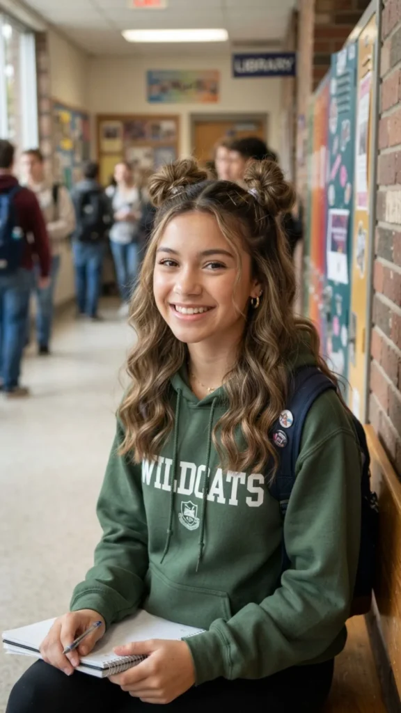  Half-up space buns hairstyle for a cute and playful school day look.