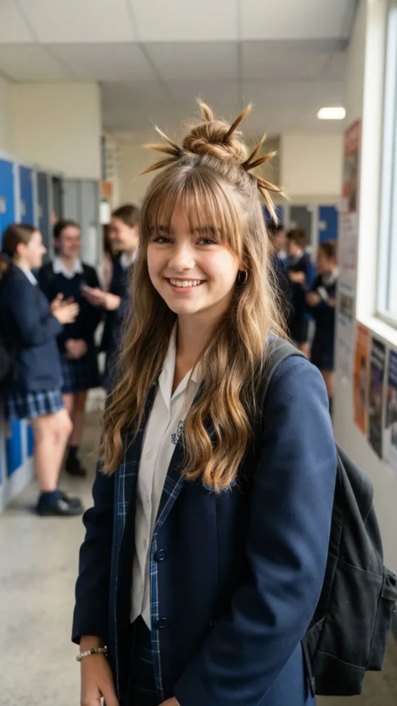 Half-up hairstyle with fringe and playful spikes for a fun back to school look
