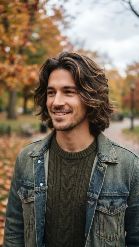 Soft medium layered hairstyle for men with effortless autumn movement.