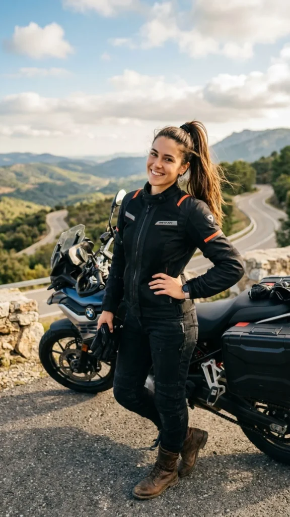 High ponytail with a sporty, confident style suitable for casual biker fashion.

