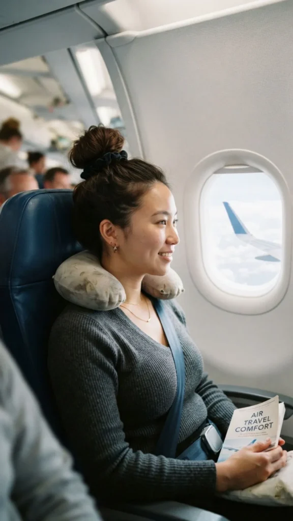 High top knot hairstyle for comfortable and practical airplane travel
