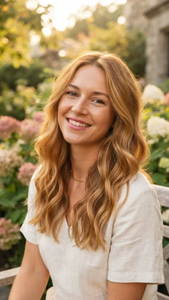Warm honey blonde hair with rich golden tones and radiant shine.
