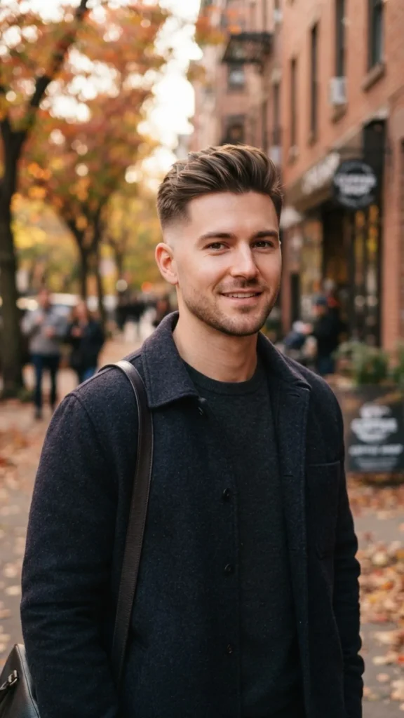Clean medium top haircut for men with a sharp tapered fade.