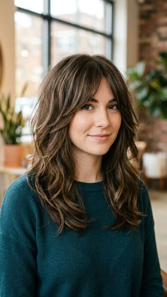 Layered brunette hair with long curtain bangs for a rich, dimensional, and sophisticated look.
