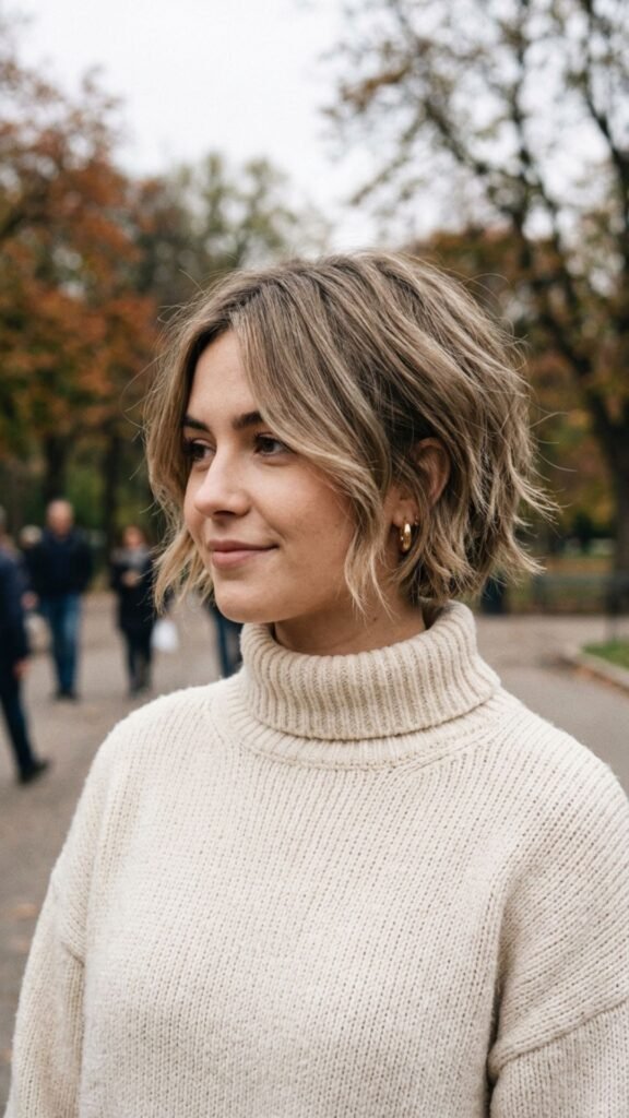 Layered short bob adding natural volume, texture, and movement for a modern appearance.
