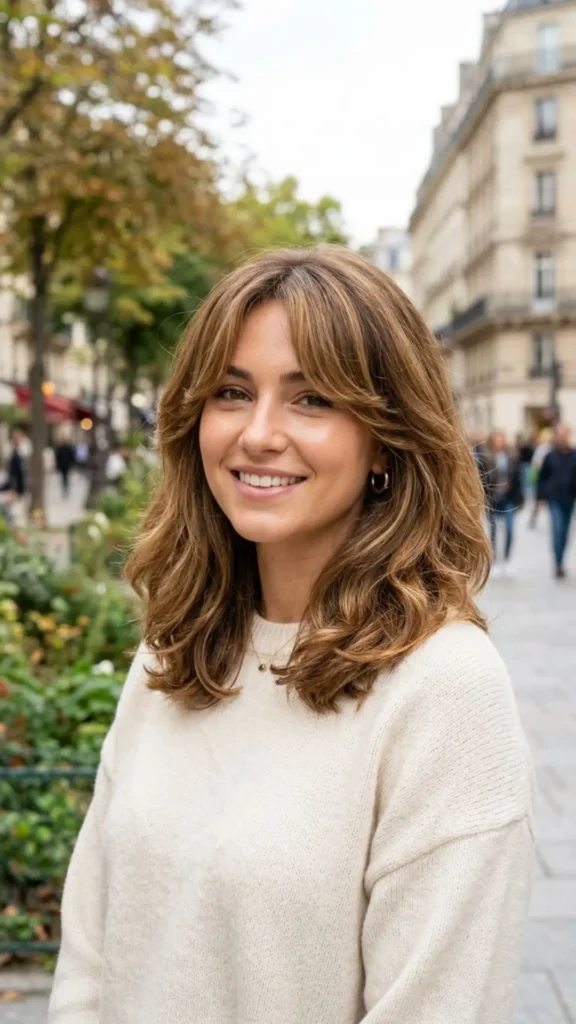 Lob haircut with curtain bangs adds soft volume and face-framing dimension to thin hair.