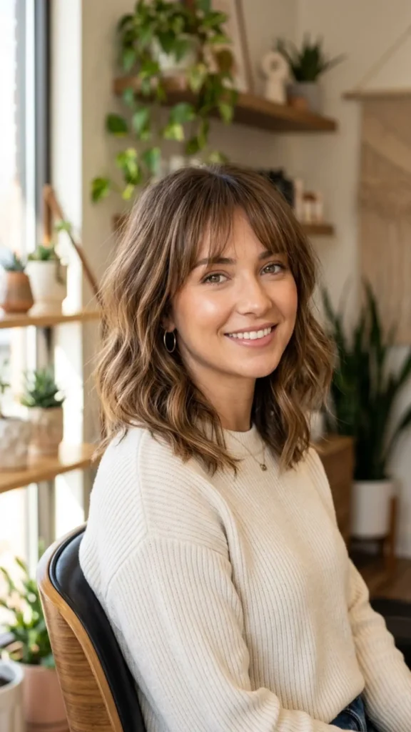 A lob haircut with wispy bangs creating soft dimension and a fuller appearance for fine hair.
