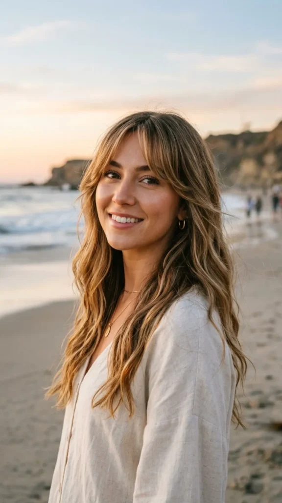  Long curtain bangs with beachy waves creating effortless texture, movement, and relaxed style.
