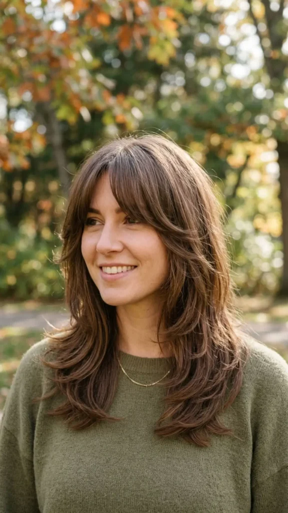 Long curtain bangs with feathered layers adding soft texture, volume, and graceful movement.
