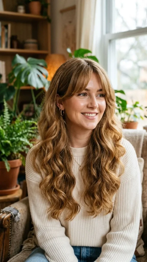 Long curtain bangs with loose curls creating soft volume and a romantic hairstyle.
