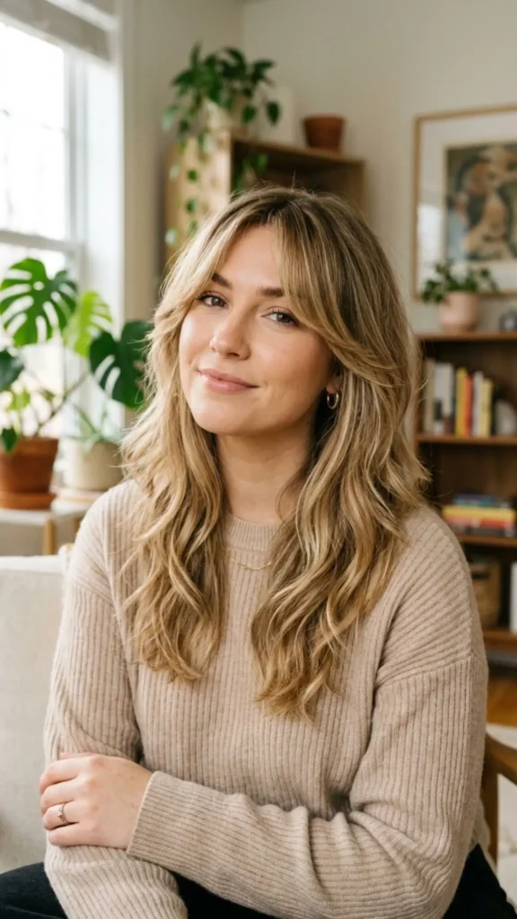 Long curtain bangs with soft layers adding natural movement, volume, and a face-framing finish.
