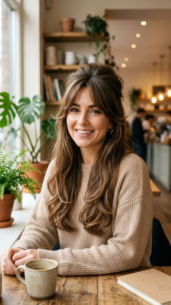 Long curtain bangs with crown volume creating a fuller and more elegant hairstyle.
