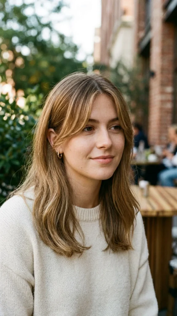 Long curtain bangs with a middle part for a balanced, soft, and elegant hairstyle.
