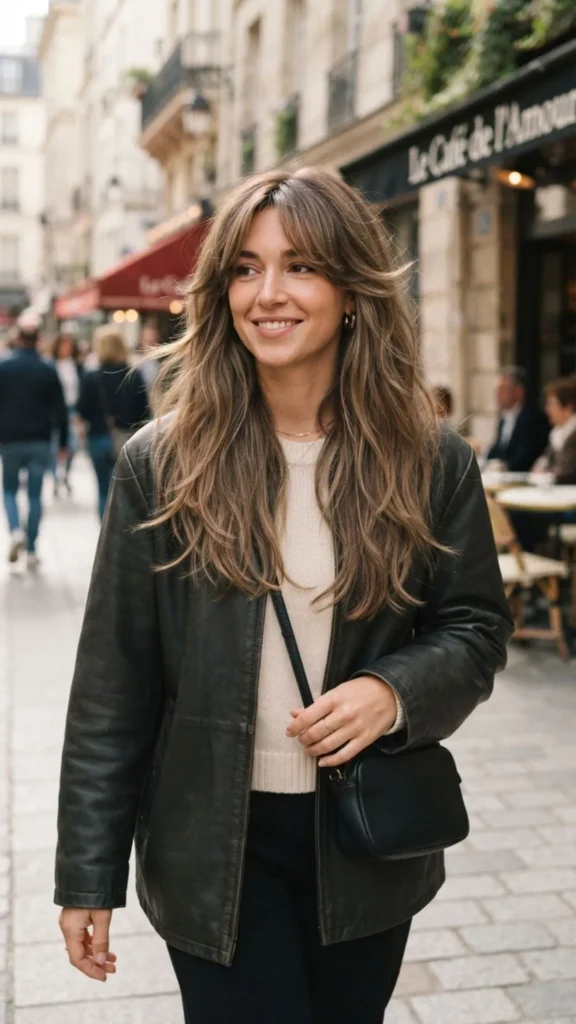 Long shaggy layers with soft curtain movement around the face.