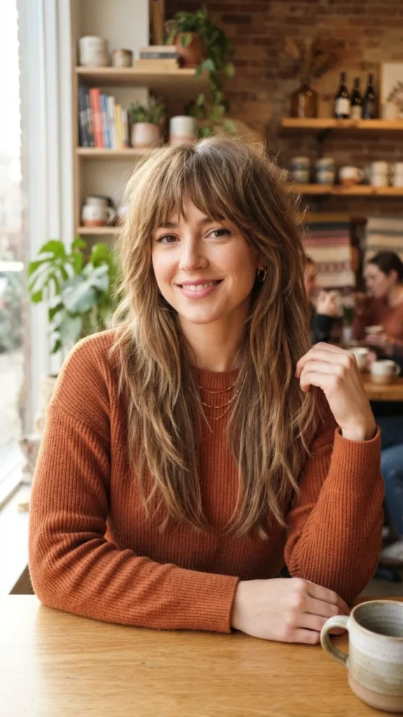 Long, straight hair with subtle shaggy layers and textured ends.