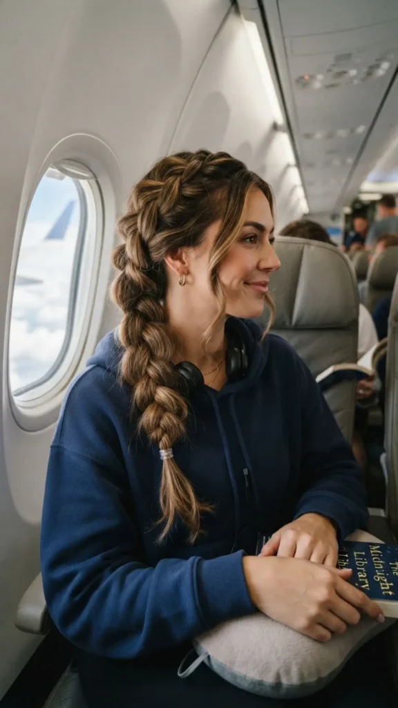 Loose Dutch side braid for a comfortable and stylish flight-ready hairstyle
