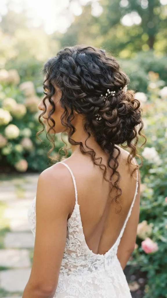 Loose low chignon with soft curls for an elegant, romantic, and polished hairstyle.

