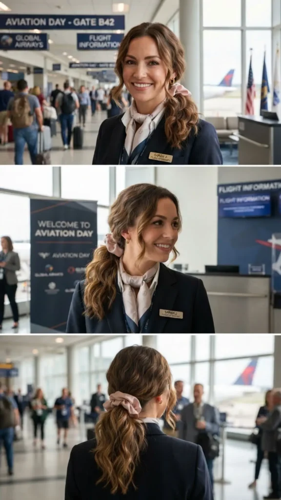 Loose low ponytail with a silk scrunchie for a chic and comfortable travel look
