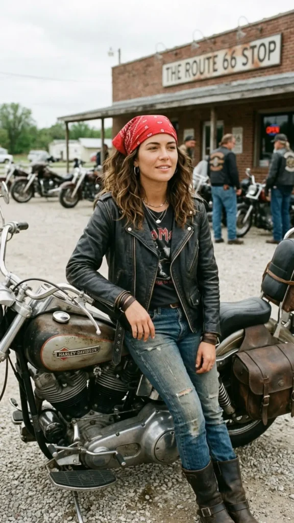 Loose, wavy hair styled with a bandana for a classic, vintage-biker-inspired look.