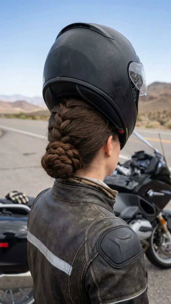 Low-braided bun offering a comfortable, elegant hairstyle for long motorcycle rides.
