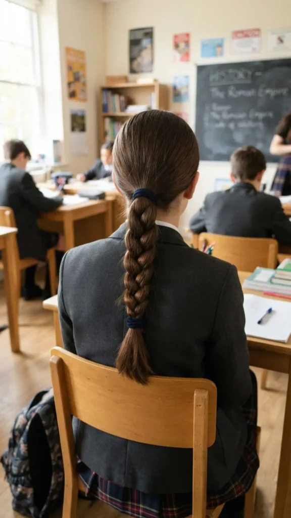 Low braided ponytail hairstyle for a simple and comfortable school look.
