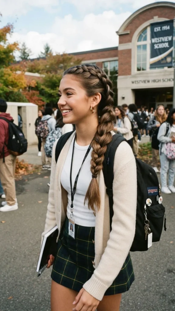  Low braided ponytail with shiny ash brown hair.
