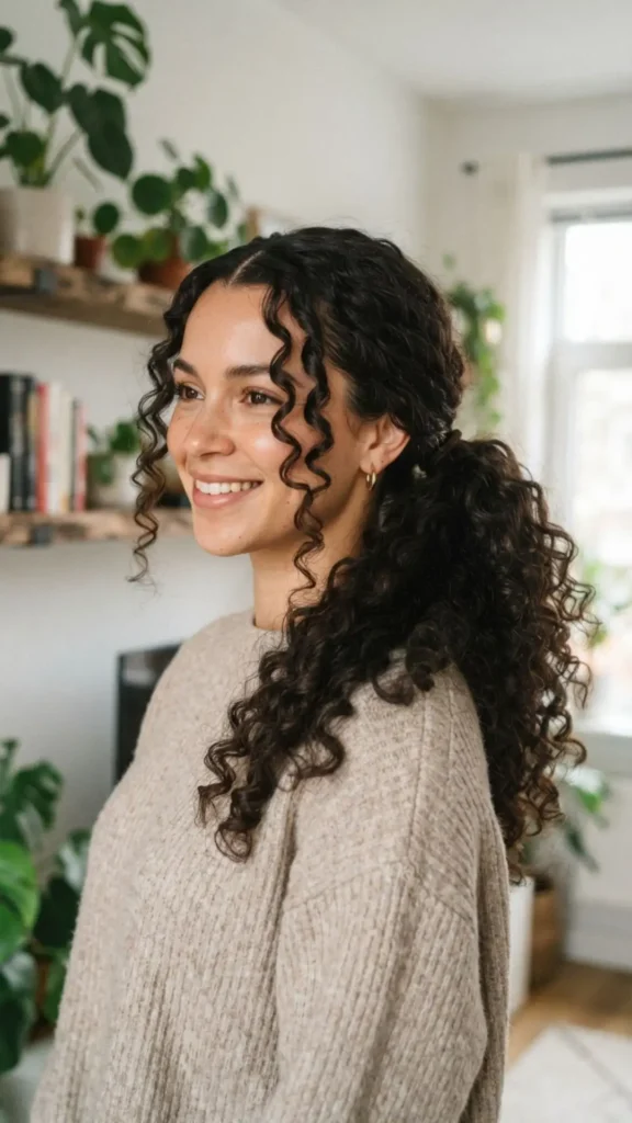 Low curly ponytail with face-framing strands for a soft, elegant, and flattering hairstyle.
