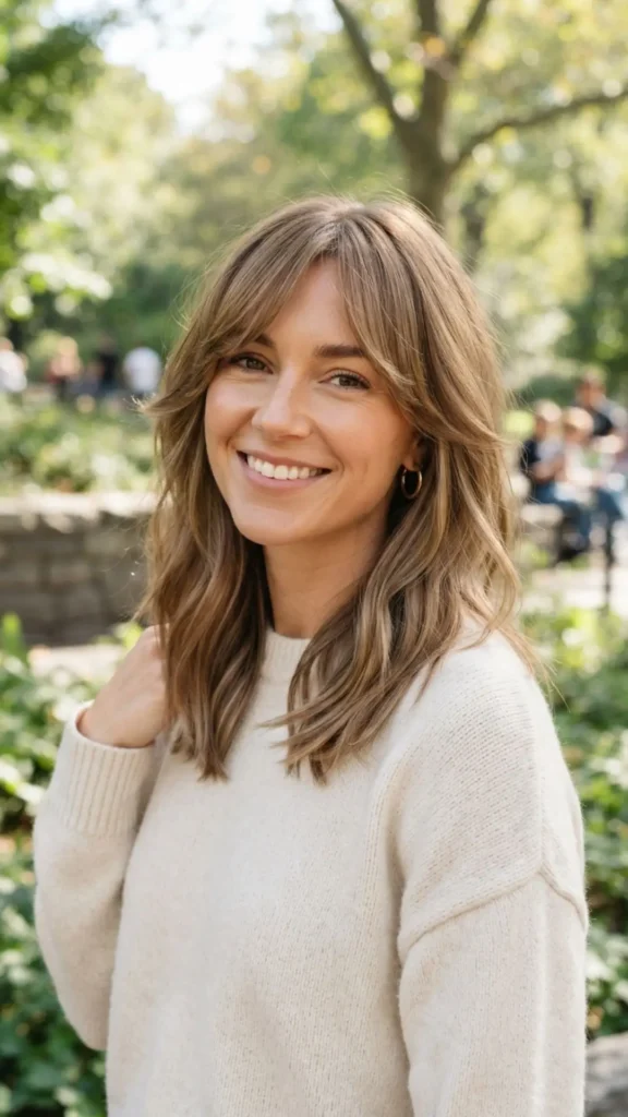 Medium-length layered hair with elegant side bangs.