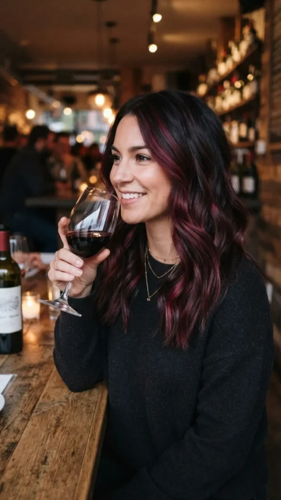 Merlot wine hair color on dark hair with deep burgundy tones.
