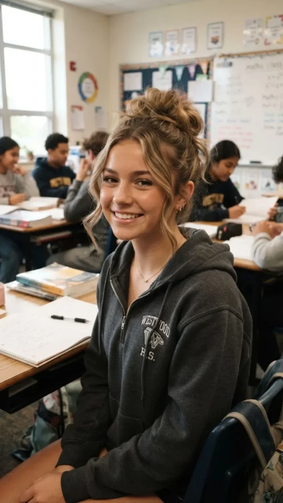  Messy bun with face-framing pieces for a relaxed and stylish school look.
