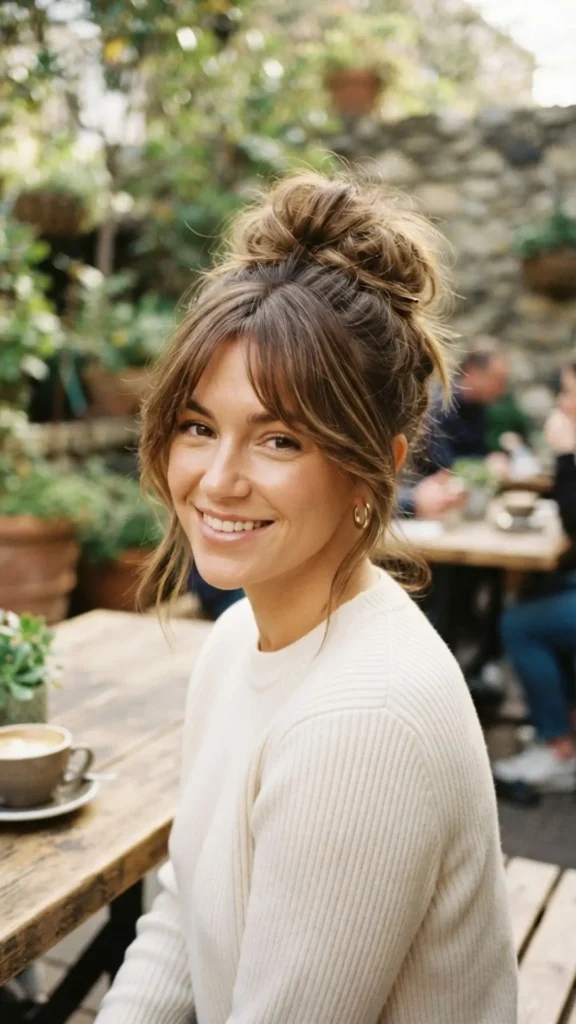 Messy high bun with wispy side bangs for an effortless look.