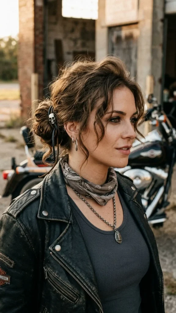 Messy low bun with soft texture, creating a relaxed yet stylish biker-inspired hairstyle.
