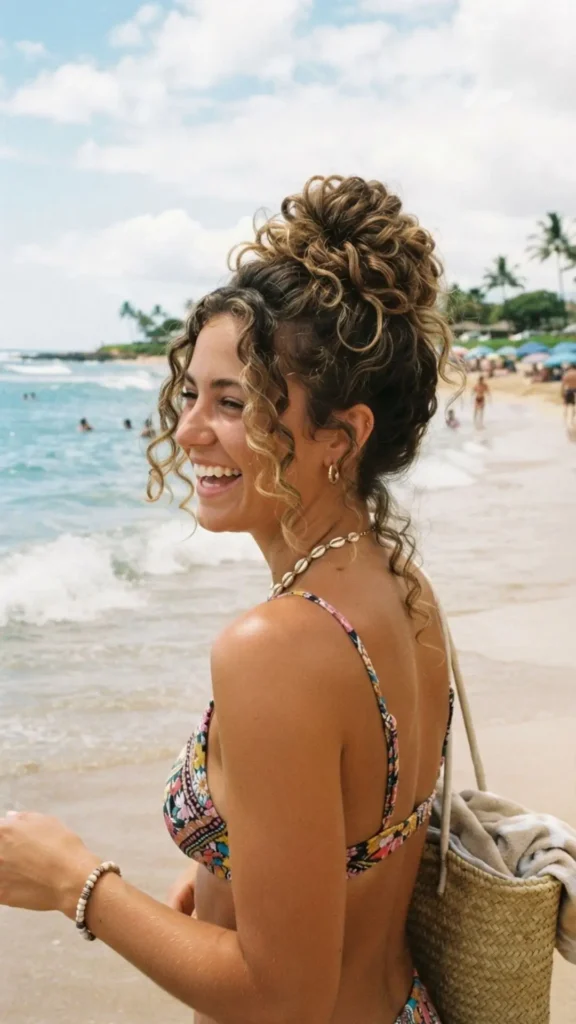 Messy topknot with long curls for an effortless, relaxed, and beach-ready hairstyle.

