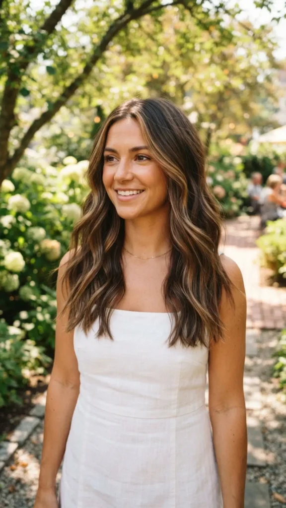 Mocha brown hair with delicate caramel summer highlights.
