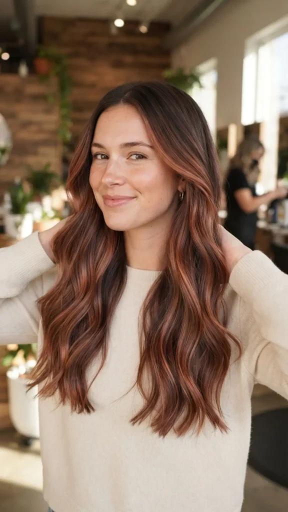 Muted auburn balayage hair color with soft warm autumn highlights.
