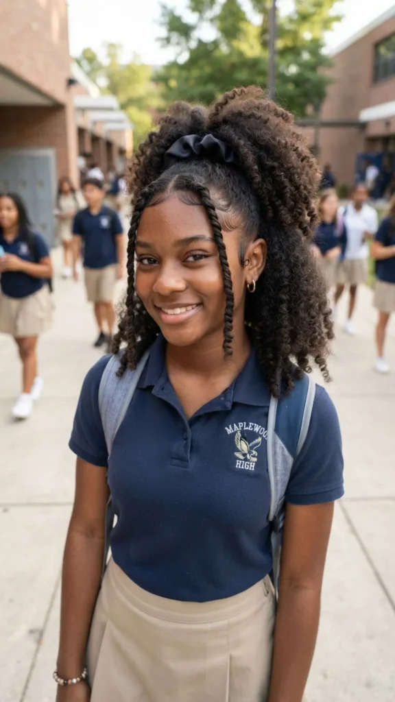 Natural curly ponytail with twisted face-framing tendrils for school