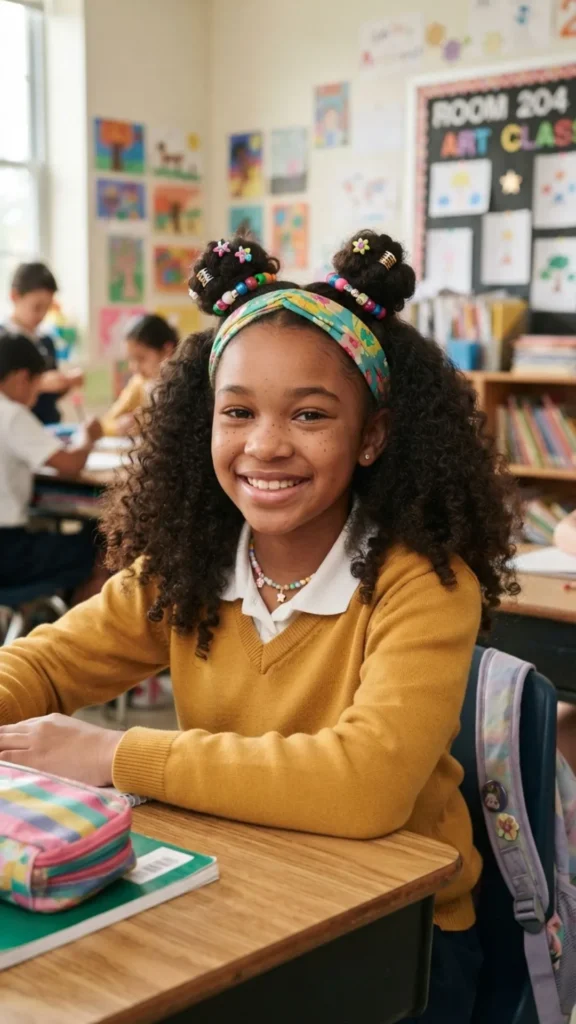 Natural curls with colorful hair accessories for a cute back to school hairstyle
