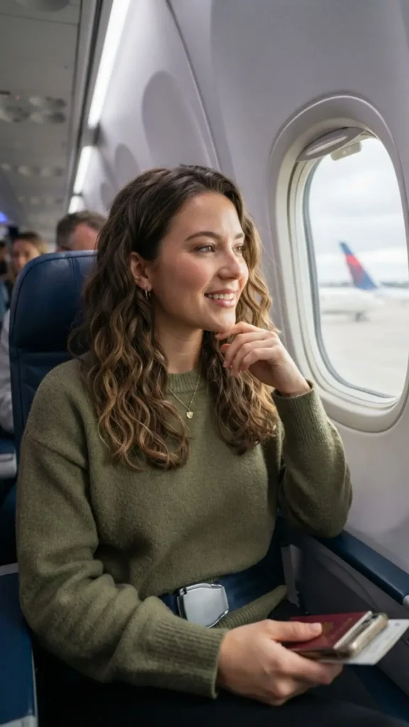 Natural loose curls for a soft, effortless, and stylish airplane travel look
