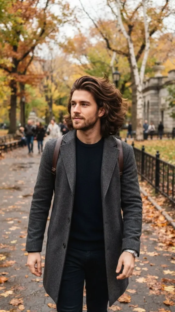 Medium sweep layered hairstyle for men with smooth natural flow.