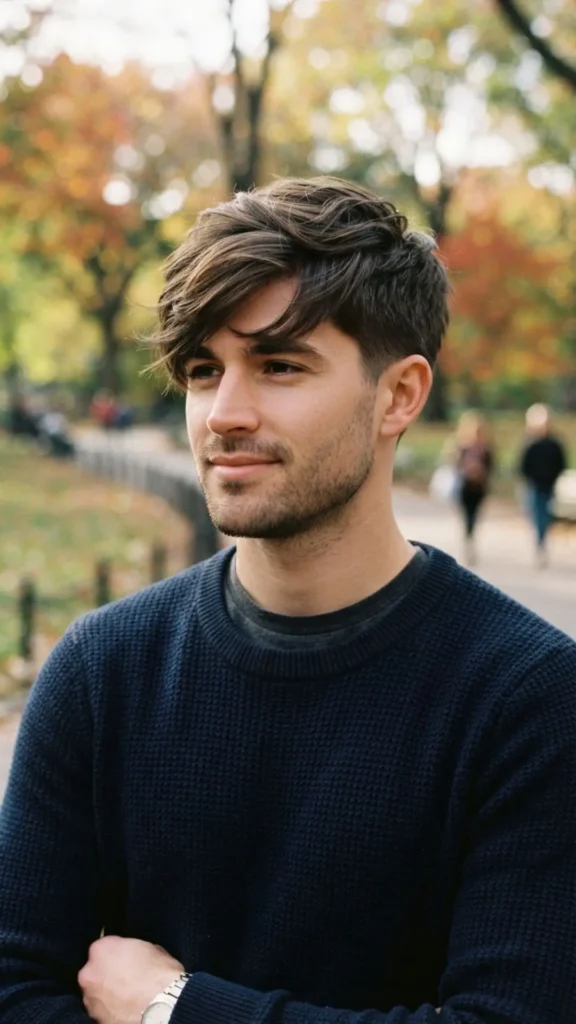 Modern medium fringe haircut for men with soft textured movement.