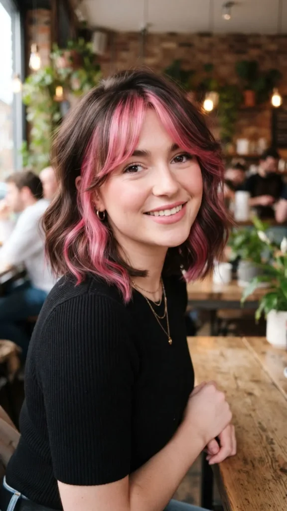 Side bang hairstyle with vibrant pink highlights and modern flair.