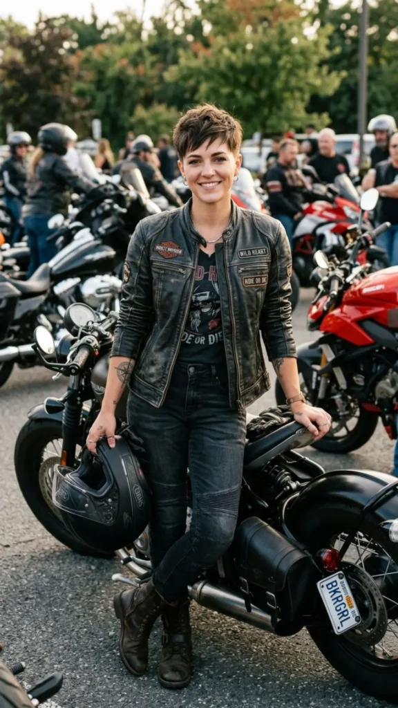 Edgy pixie cut with a modern finish that's comfortable and helmet-friendly.