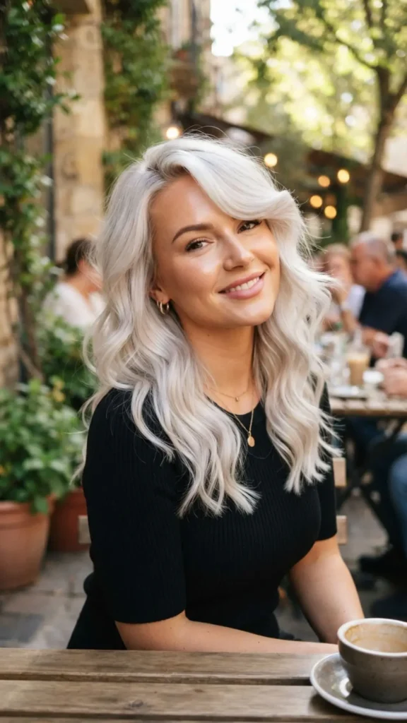Platinum blonde wavy hair with soft side-swept bangs.