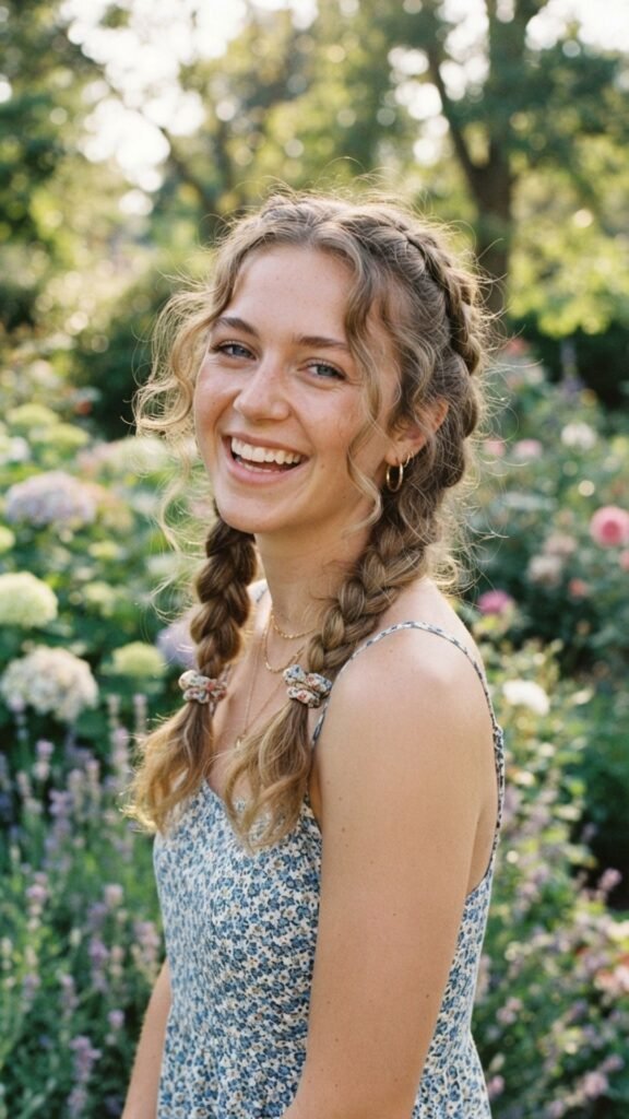 Double braids with wispy strands for a soft, playful look.
